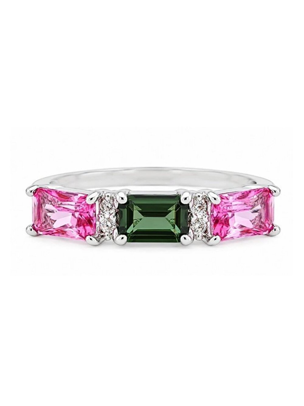 Genuine Pink Sapphire, Tsavorite & Diamond Ring 10k White Gold